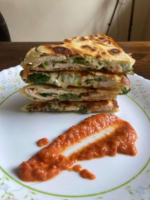 Grilled Pesto Chicken & Baby Spinach Quesadillas